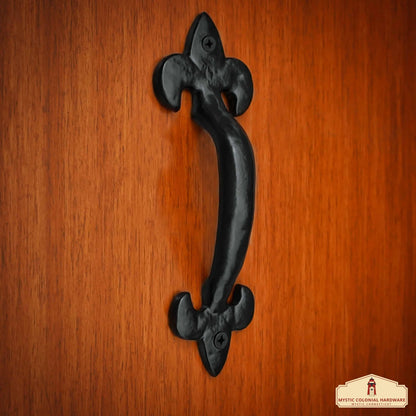 Smooth Iron Door Handle with Fleur de Lys - 7 inches