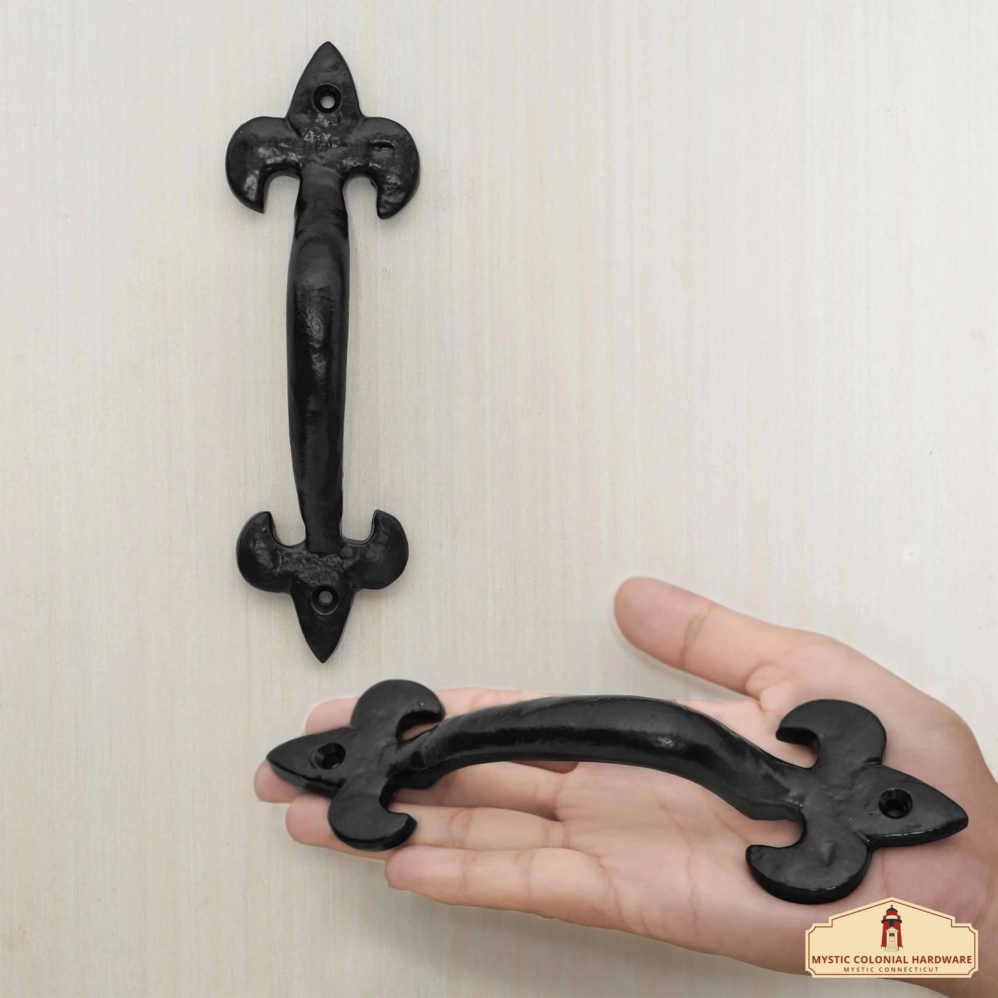 Smooth Iron Door Handle with Fleur de Lys - 7 inches