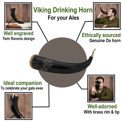 Viking Drinking Horn Gift - with Two Ravens Design