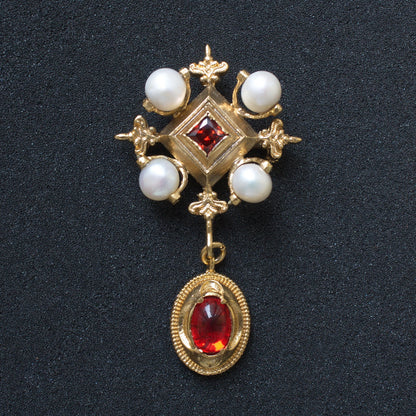 Renaissance Brooch with 4 Pearls a Red Glass Pendant
