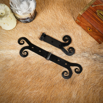 Pair of 10 inch medieval hinges with subtle gothic curled ends