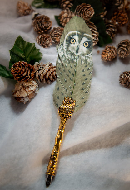 Owl Fountain Pen and Wax Letter Seal Stamp (Mint Green Feather)