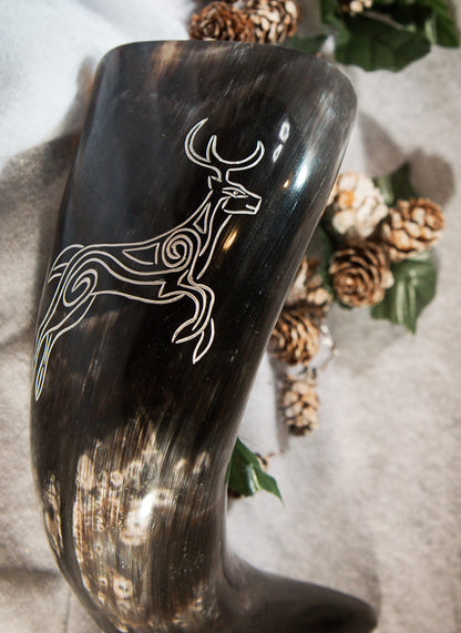 Viking Drinking Horn with Engraved Stag