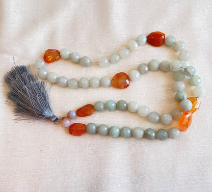 Grey Faceted Agate Paternoster with Orange Carnelian Gauds