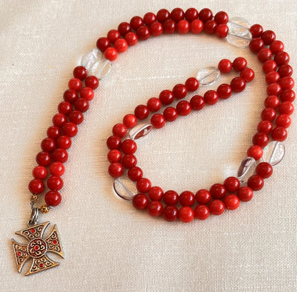 Red Coral Paternoster with Maltese Cross